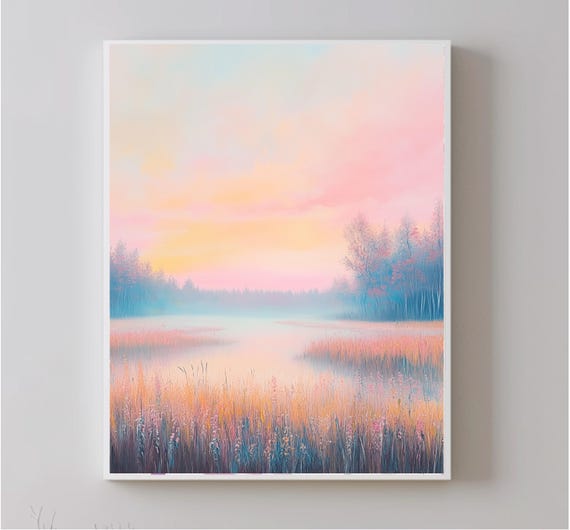 Boho Landscape In Pastel Shades Nature Art Home Decor Bohemian Sunset Design