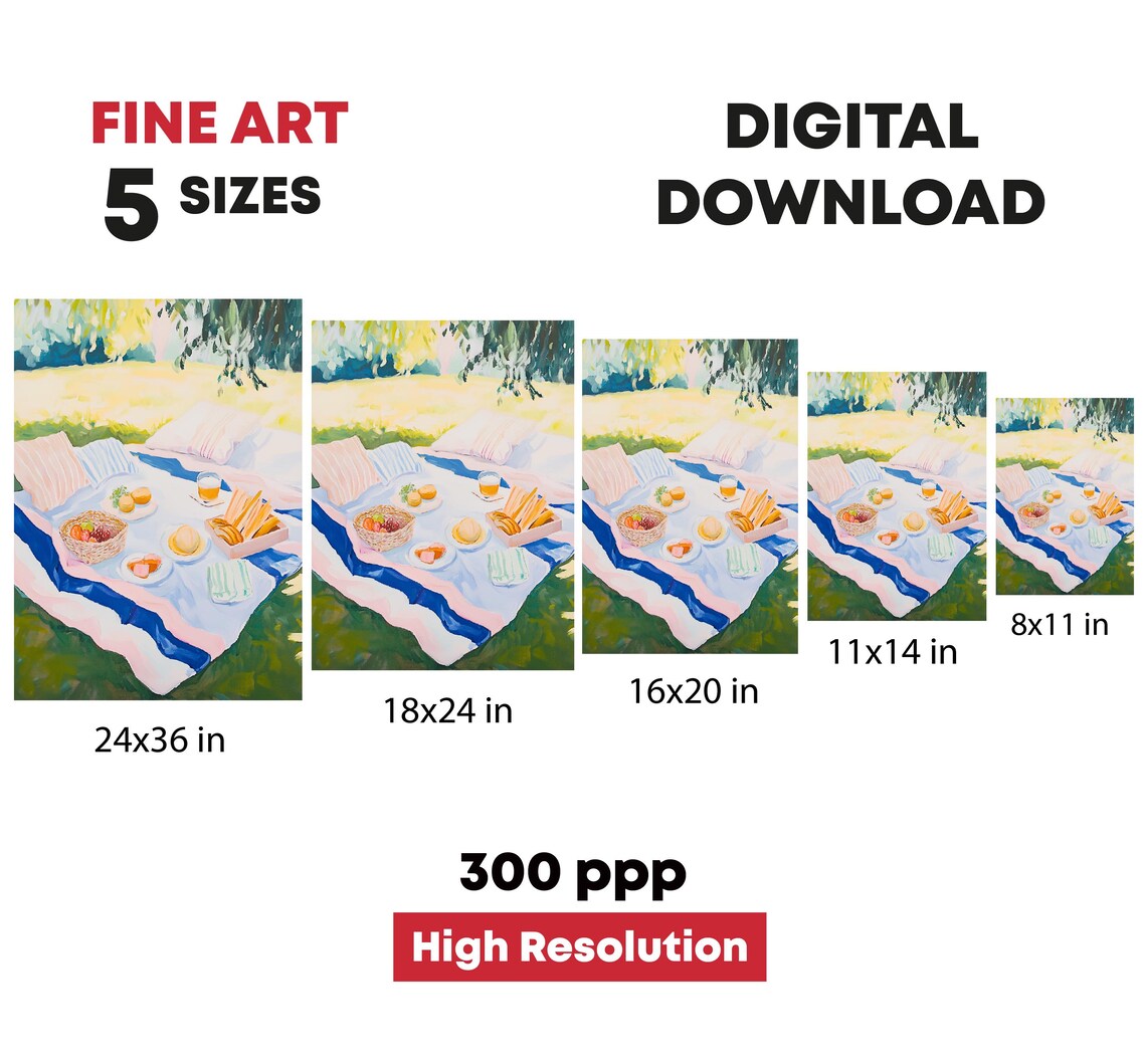 Summer Picnic Blanket Park Painting Food Basket Pastel Art Print - Image 4