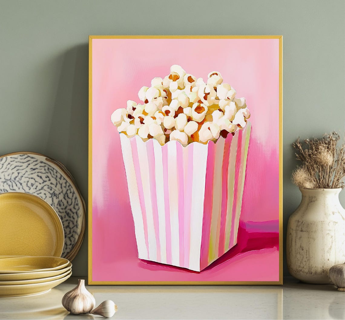 Pink Striped Popcorn Box On Pink Background Fun Snack Art Poster - Image 4