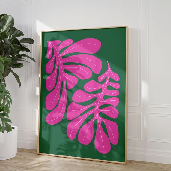 Green Pink Abstract Wall Art Maximalist Print Vibrant Plant Illustration Colorful Botanical Tropical Home Decor