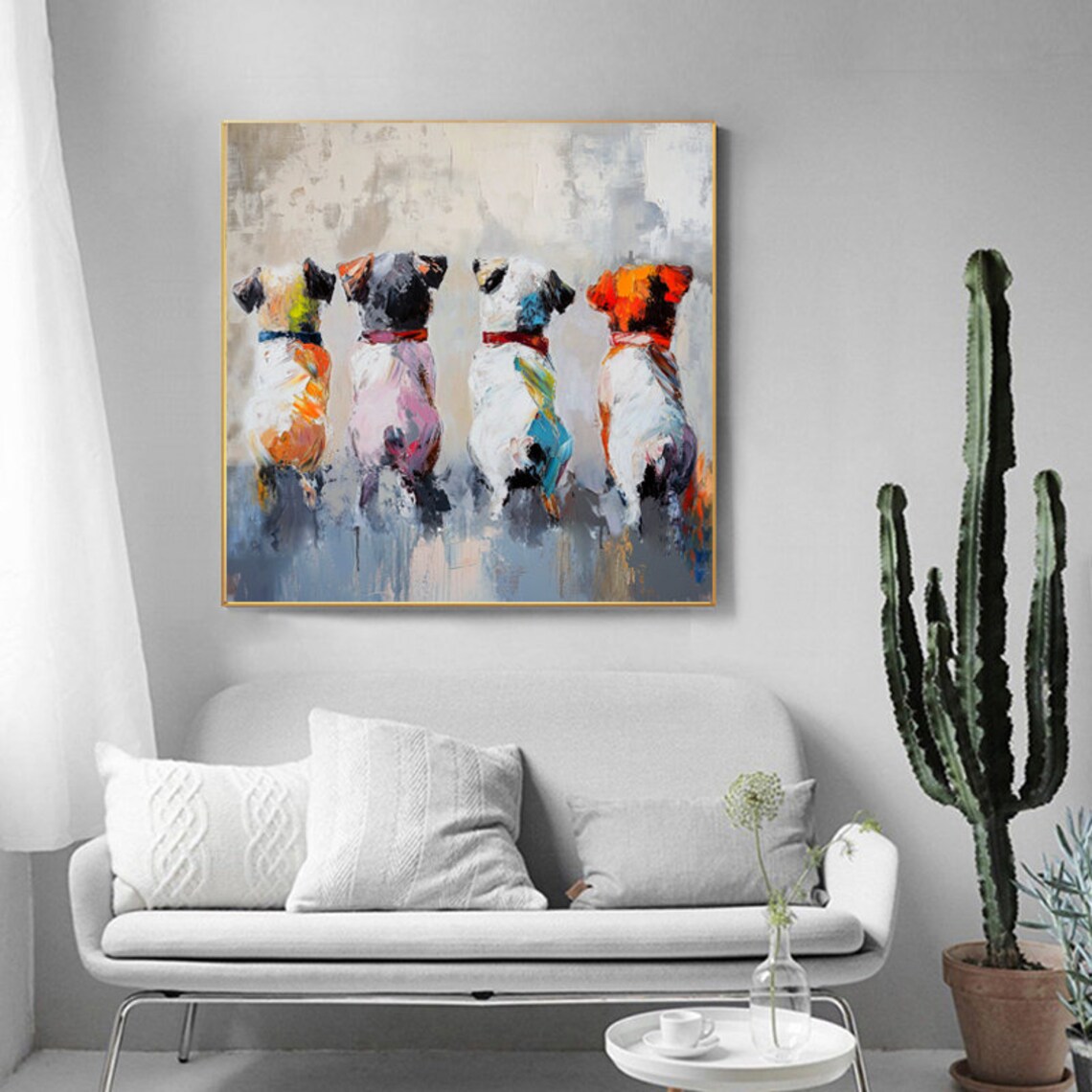 Four Colorful Dogs Sitting Together Playful Pet Portrait Poster - Image 2