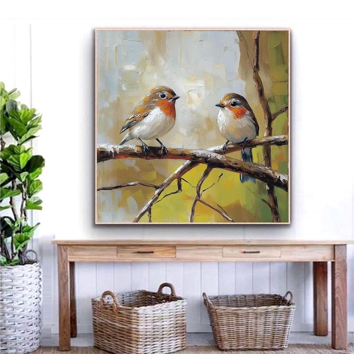 Two Sweet Robins With Orange Breasts Perched on Branches Square Poster - Image 6