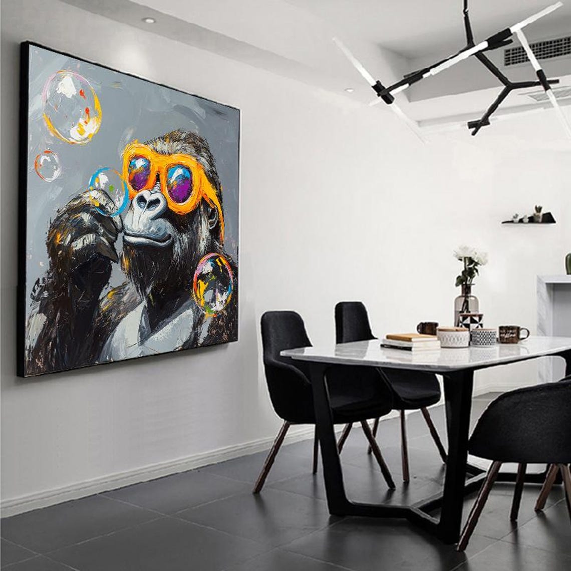 Playful Gorilla in Orange Sunglasses Blowing Shiny Bubbles Wall Art - Image 5