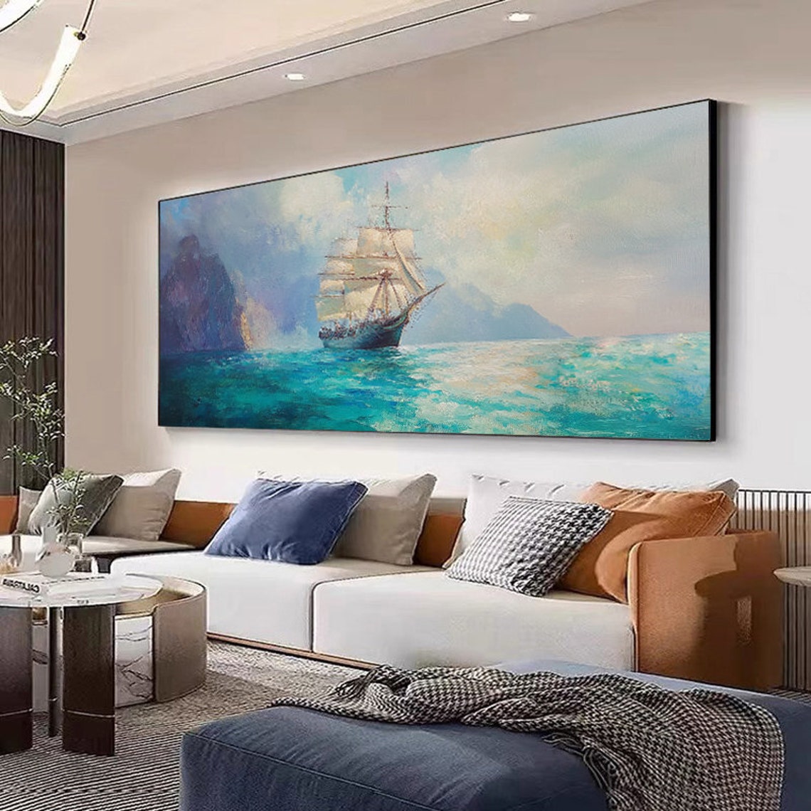 Tall Ship Sailing Turquoise Sea Past Rocky Coastline Panorama Poster - Image 5