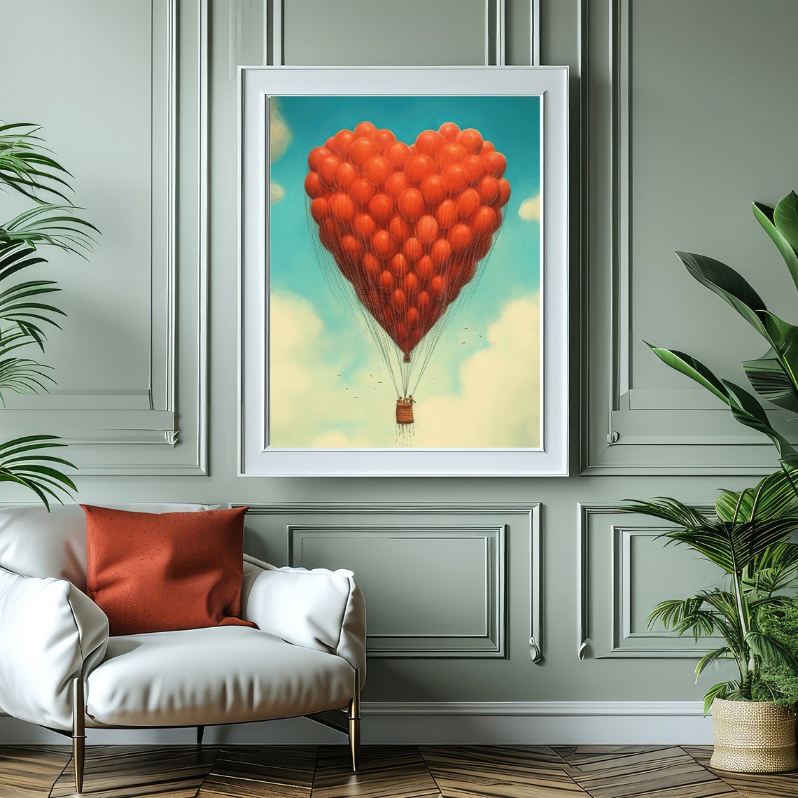 Heart Shaped Red Balloon Hot Air Balloon Floating In Sky Poster