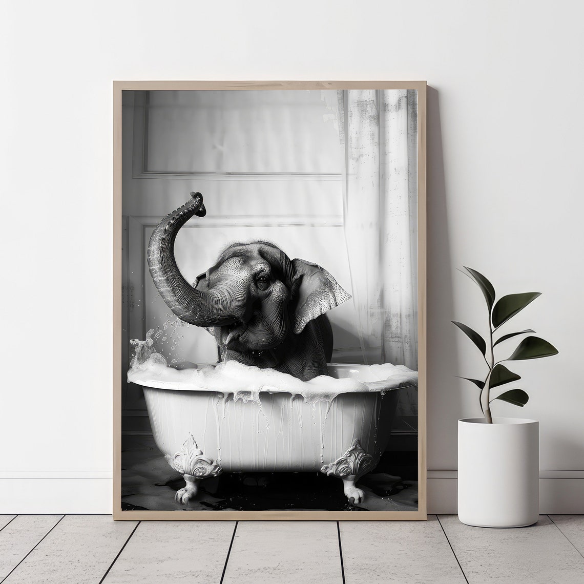 Baby Elephant In Bubble Bath Trunk Up Black White Funny Poster