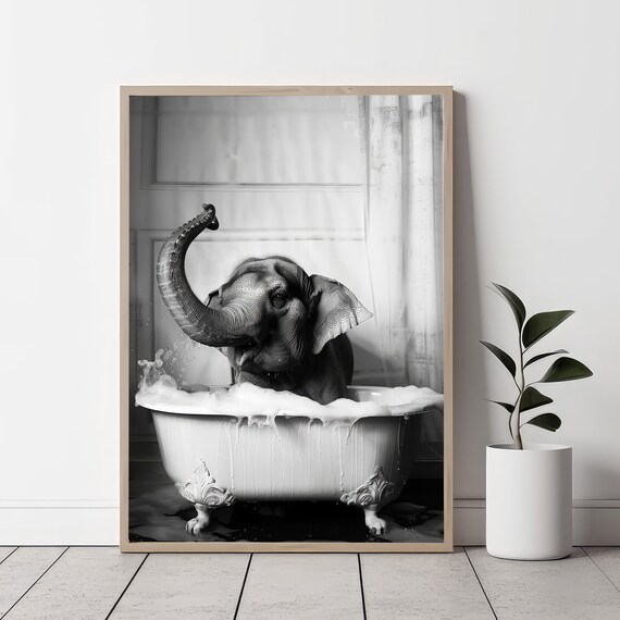 Baby Elephant In Bubble Bath Trunk Up Black White Funny Poster