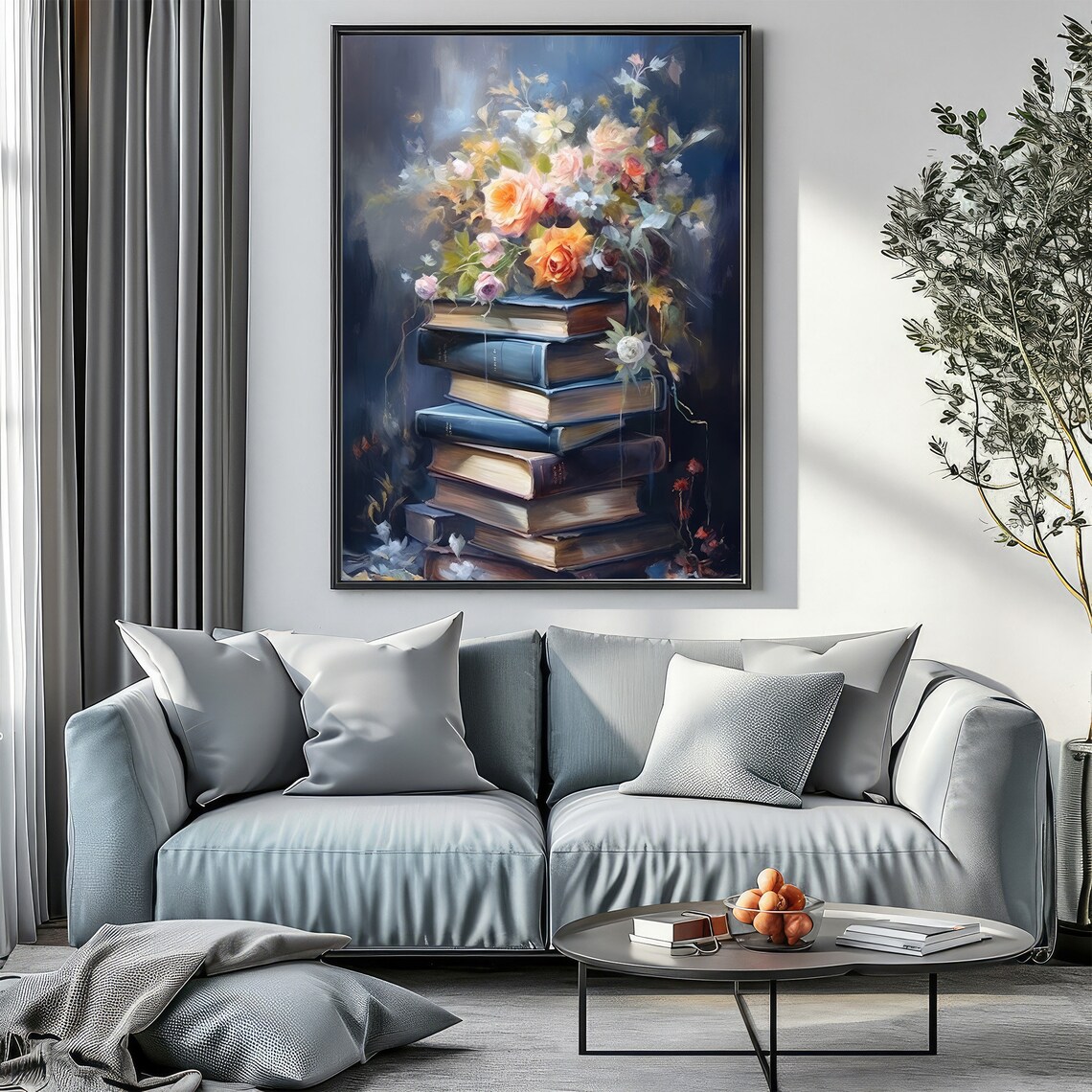Moody Book Stack Painting Dark Roses Floral Library Decor Wall Art - Image 2