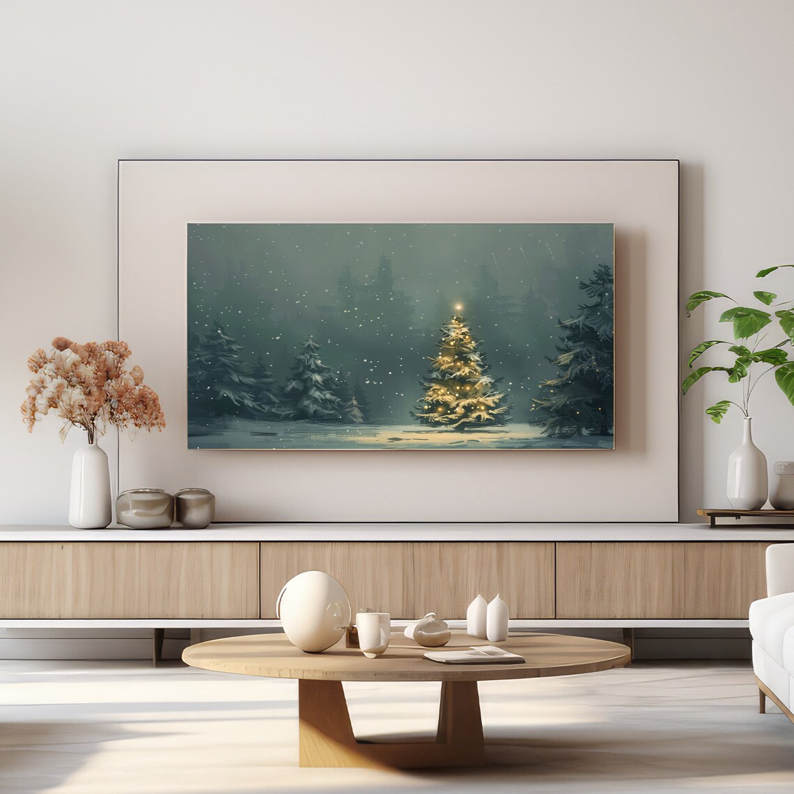 Magical Lit Christmas Tree Glowing In Snowy Night Forest Poster - Image 3