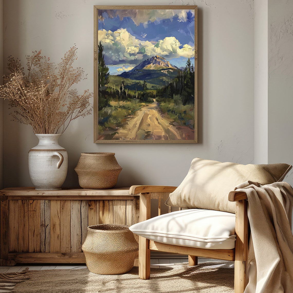 Rustic Dirt Country Road Toward Mountain Under Dramatic Sky Poster - Image 2