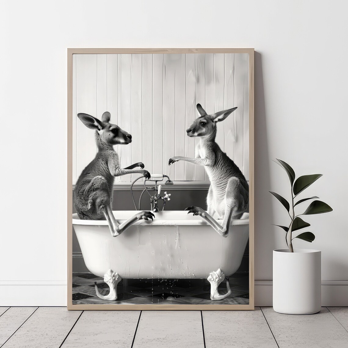 Two Kangaroos Sitting On Bathtub Black And White Funny Poster
