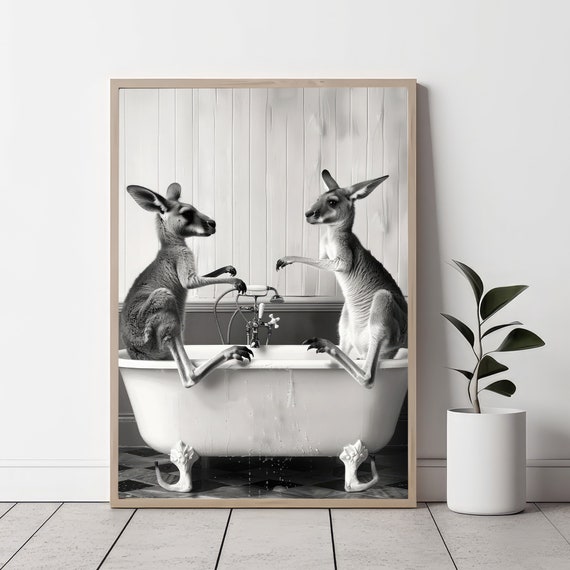 Cute Kangaroos In Tub Wall Art Kangaroo Photo Kangaroo Art Bathroom Art Print Black And White Print