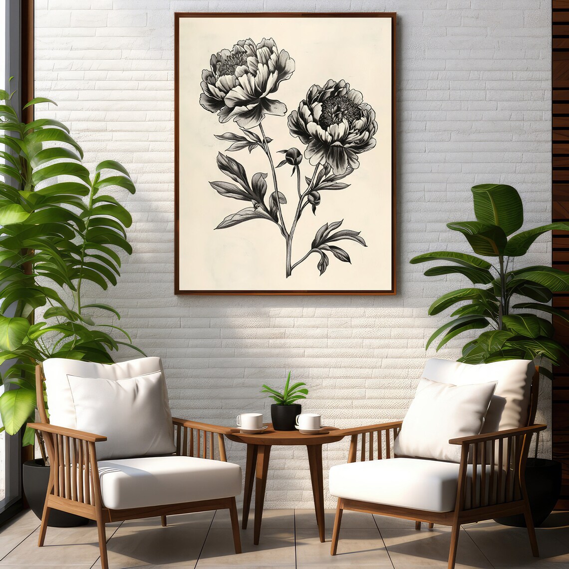 Elegant Vintage Black And White Peony Botanical Artwork Poster - Image 2