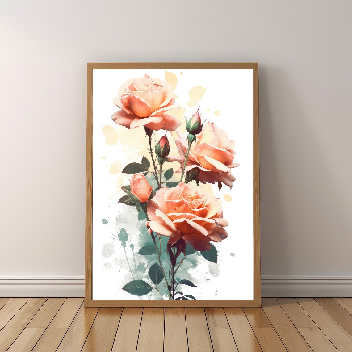 Peach Roses Watercolor Painting Elegant Blush Floral Bouquet Wall Art