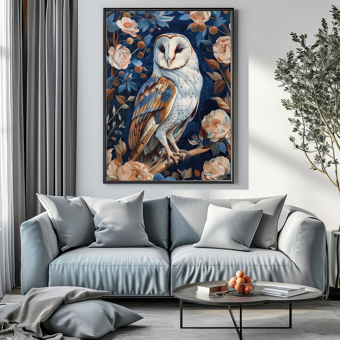 Barn Owl Among Flowers Deep Navy Botanical Illustration Poster - Image 4