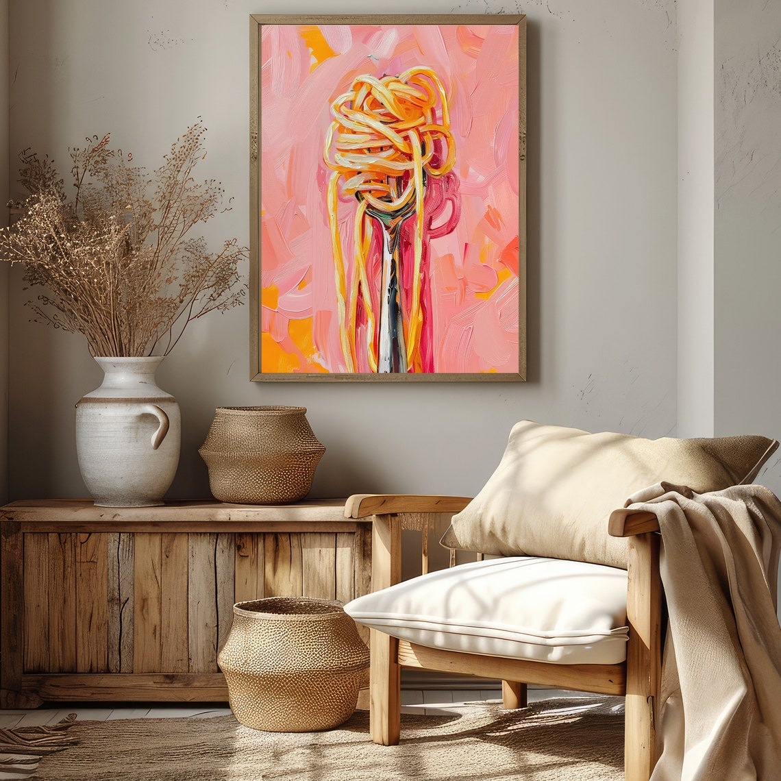 Playful Spaghetti Twirled On Fork Oil Painting Food Art Poster - Image 2