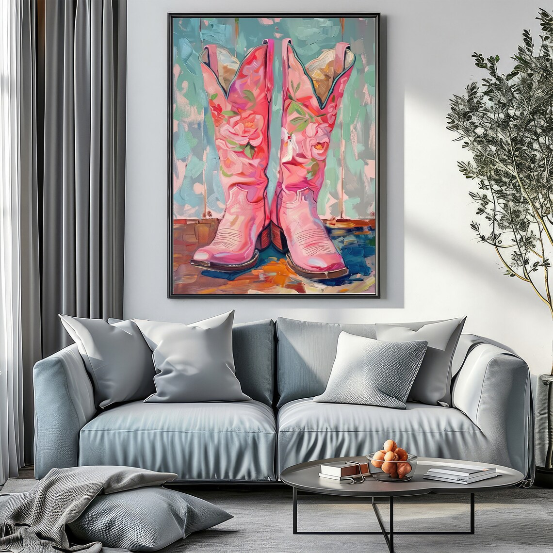 Pink Floral Cowboy Boots Western Painting Coastal Art Poster - Image 2