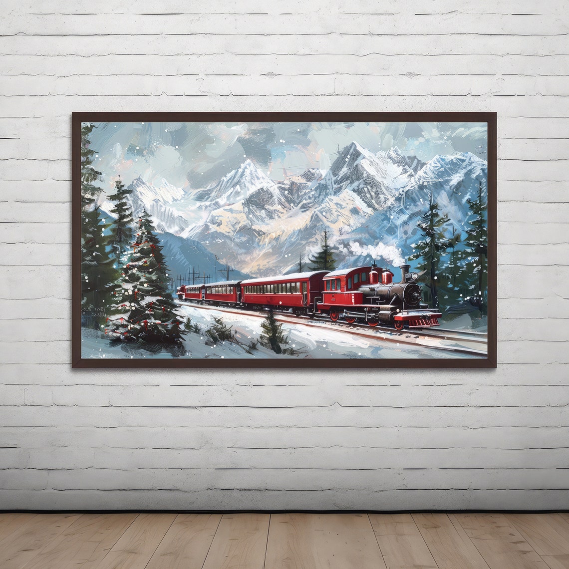 Classic Vintage Red Christmas Train Through Snowy Mountains Poster