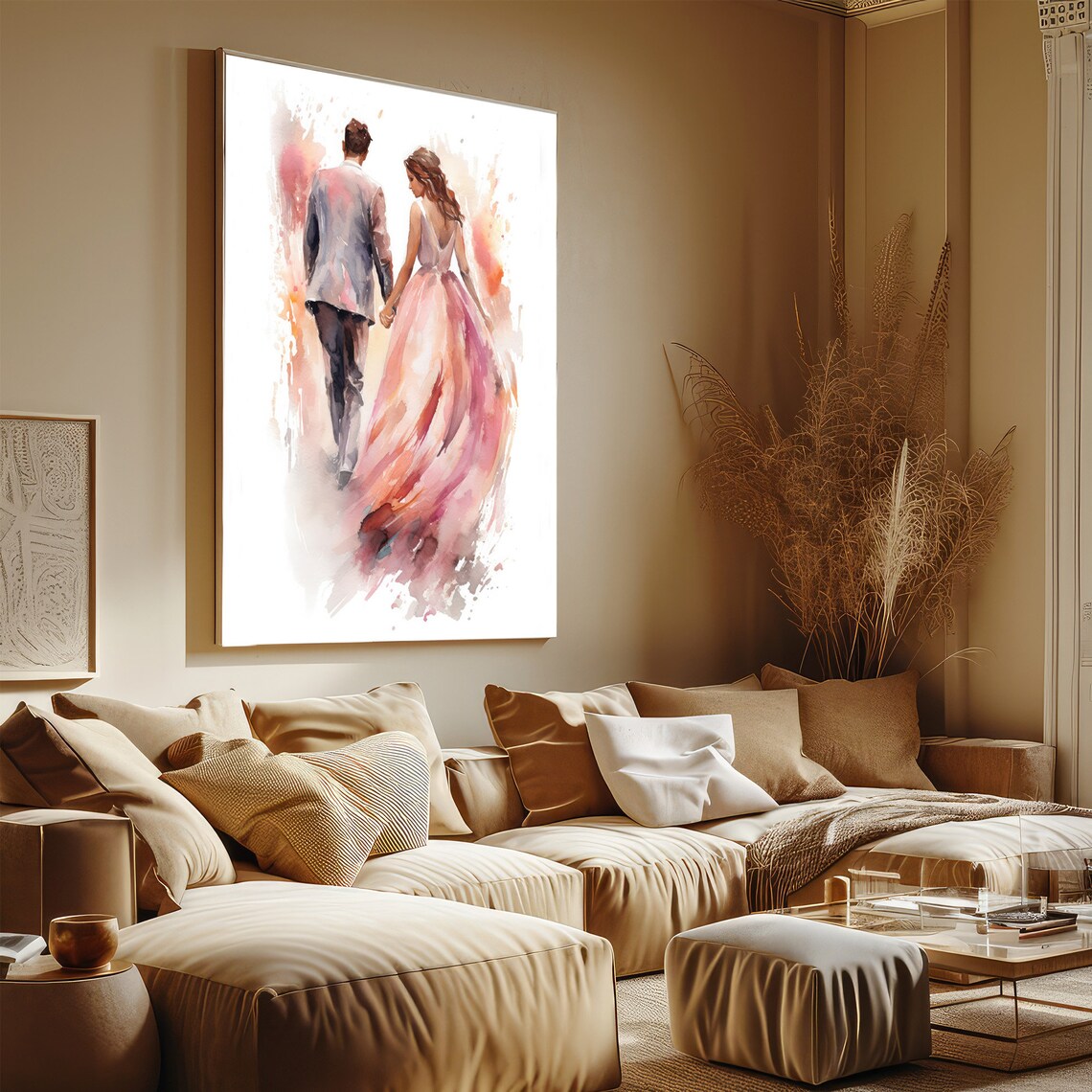 Couple Walking Away Watercolor Painting Romantic Blush Dress Wall Art - Image 5