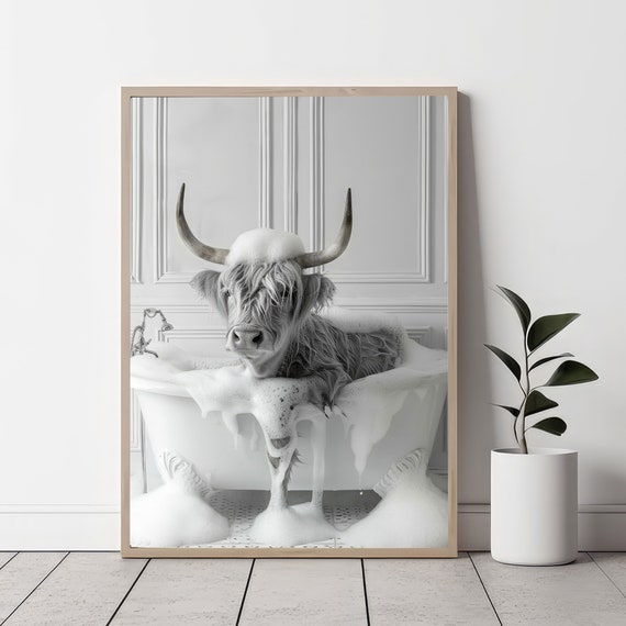 Highland Cow In Tub Art Print, Whimsical Bathroom Decor