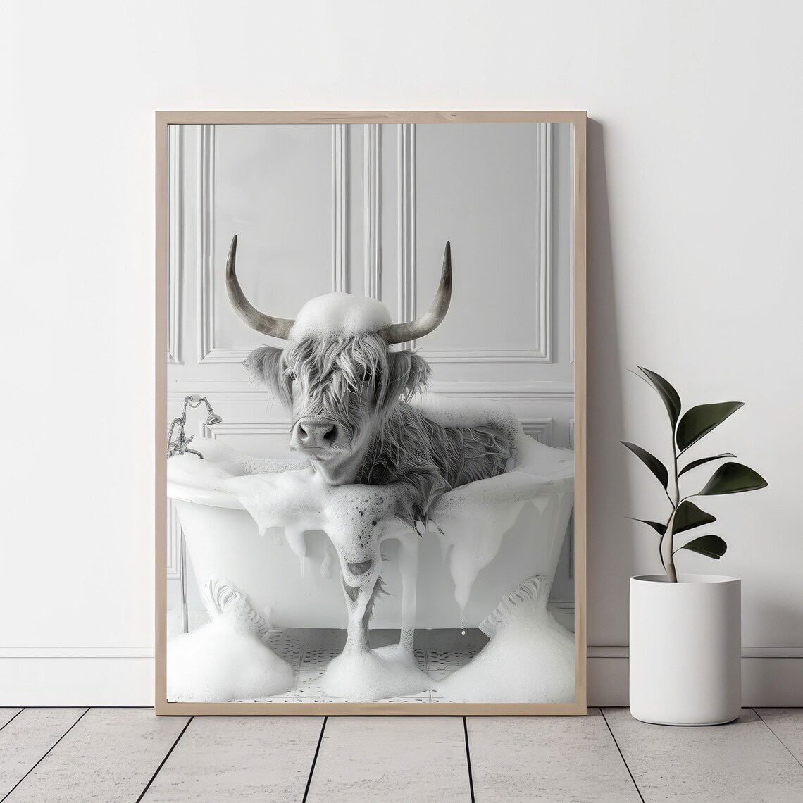 Highland Cow In Tub Art Print, Whimsical Bathroom Decor