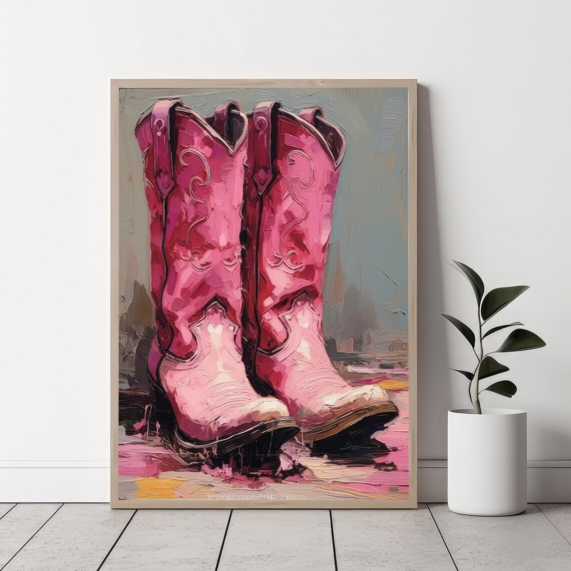 Bold Hot Pink Cowboy Boots Painting Vibrant Western Decor Poster