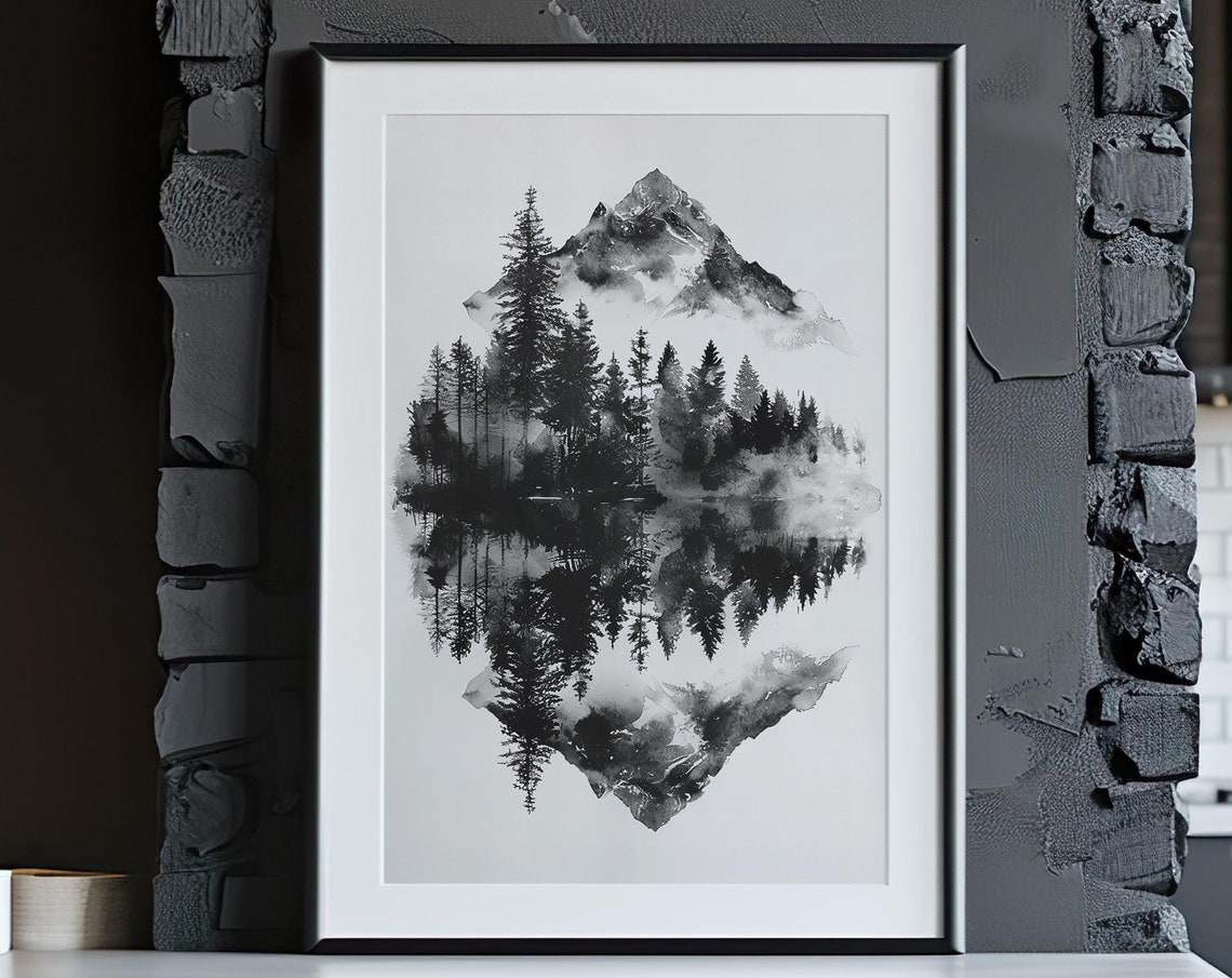 Black White Mountain Forest Reflection Watercolor Art Poster - Image 4