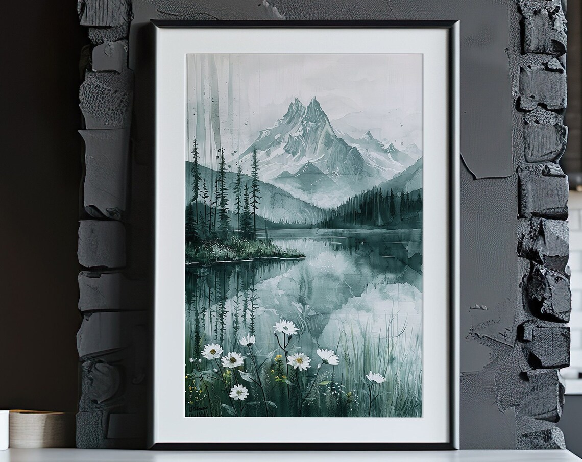 Snowy Mountain Lake With Daisies Watercolor Alpine Scene Poster - Image 4