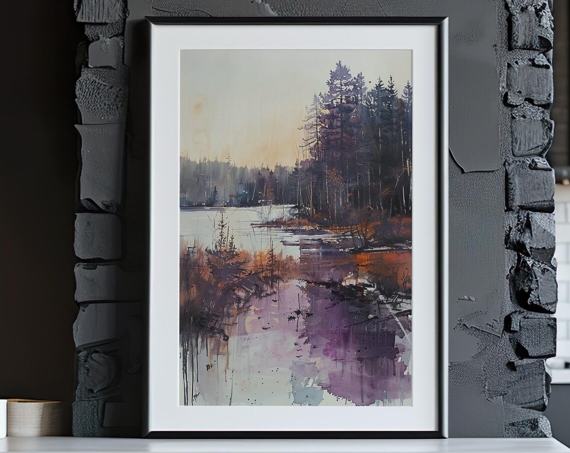 Moody Forest Lake Dusk Watercolor Purple Twilight Landscape Poster - Image 5