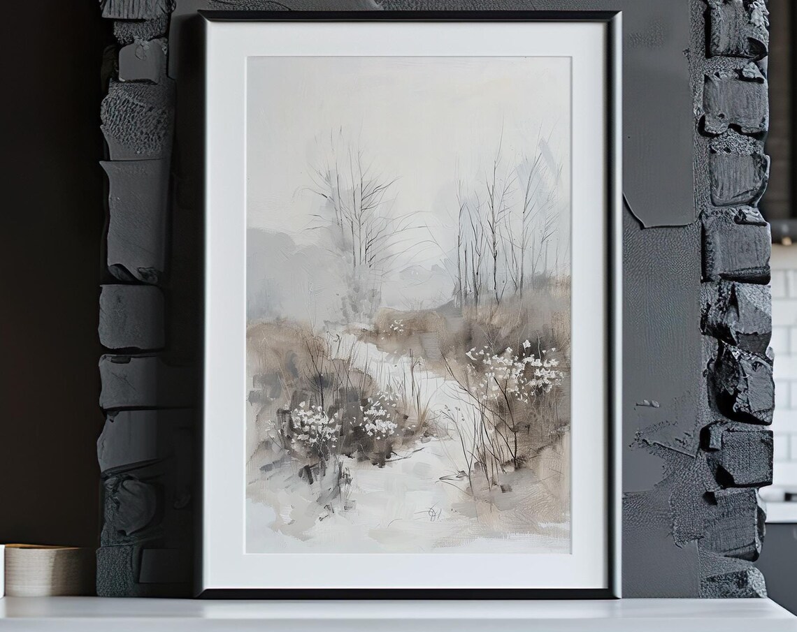 Neutral Wildflower Meadow Painting Soft Gray Botanical Landscape Poster - Image 4