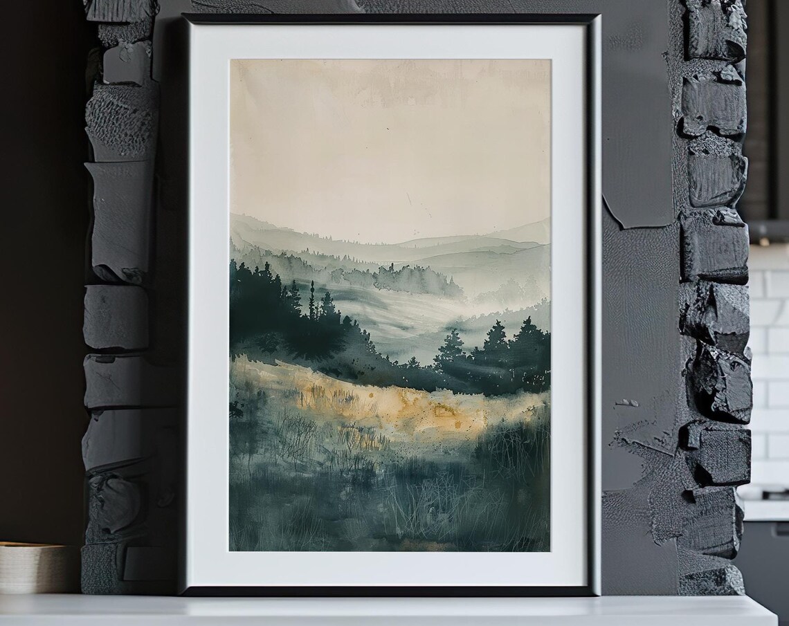 Misty Pine Valley Watercolor Golden Morning Forest Art Poster - Image 4