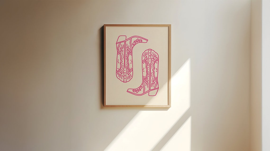 Pink Cowboy Boots Line Art Girly Western Cowgirl Decor Print - Image 2