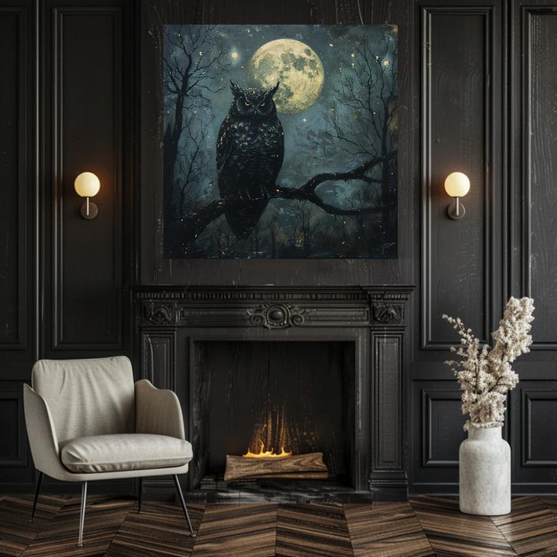 Black Owl Perched Before Full Moon Gothic Night Forest Art Poster - Image 4