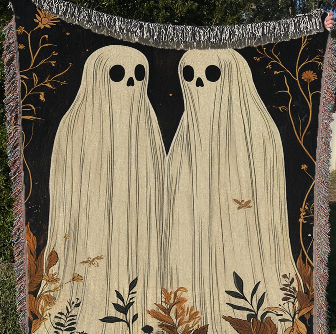 Cute Ghost Couple in Autumn Foliage Woven Tapestry Blanket Art Print - Image 2