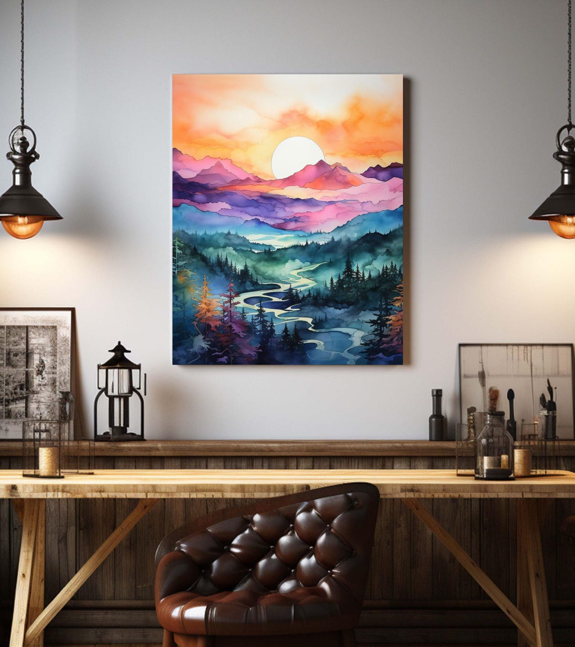 Watercolor Sunset Over Misty Mountains And Winding River Poster - Image 2