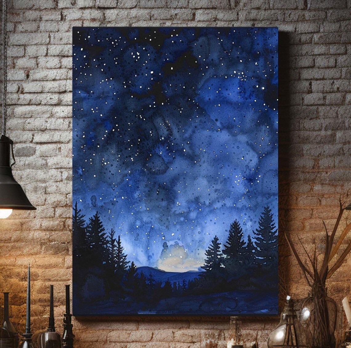 Starry Night Night Sky Watercolor Art Mountains Wall Decor Mystical Sky Wall Art Pine Forest