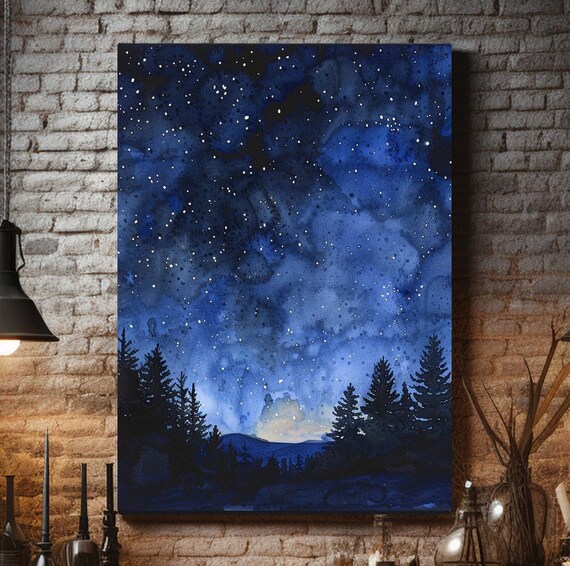 Starry Night Night Sky Watercolor Art Mountains Wall Decor Mystical Sky Wall Art Pine Forest