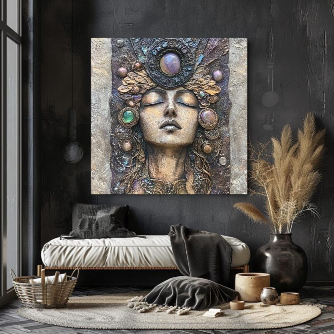 Gemstone Goddess Relief Face with Crystal Headdress Mystic Art Poster - Image 2