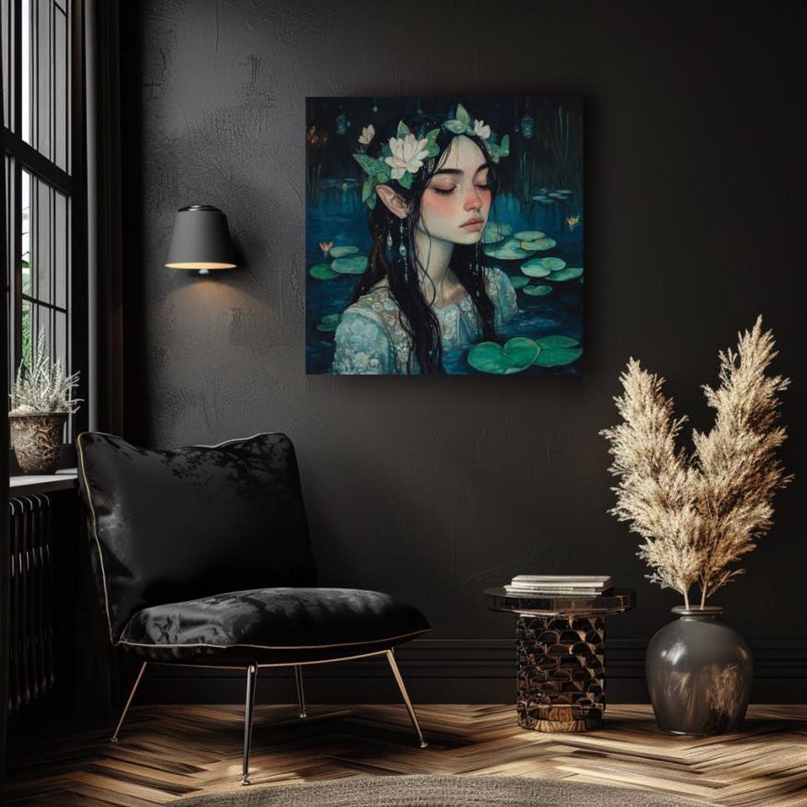 Water Nymph With Lily Crown In Moonlit Pond Dark Teal Poster - Image 4