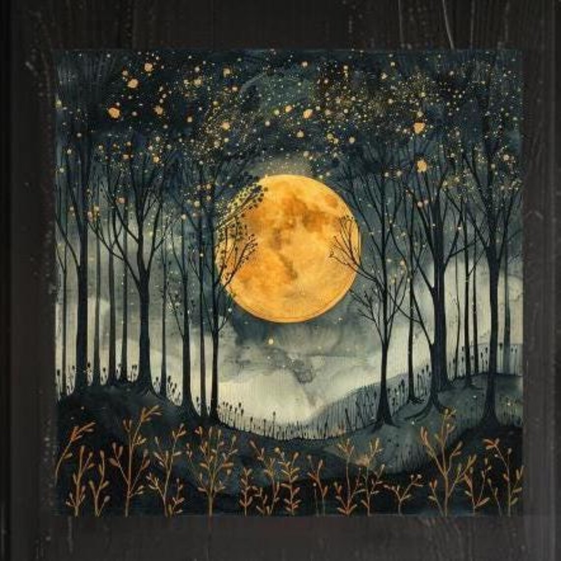 Gold Moon In The Forest, Mystical Night Sky Art Print - Image 4