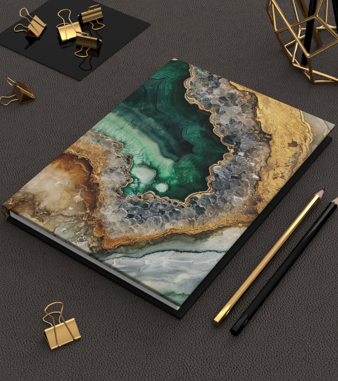 Green and Gold Geode Agate Slice Crystal Hardcover Journal Art Print