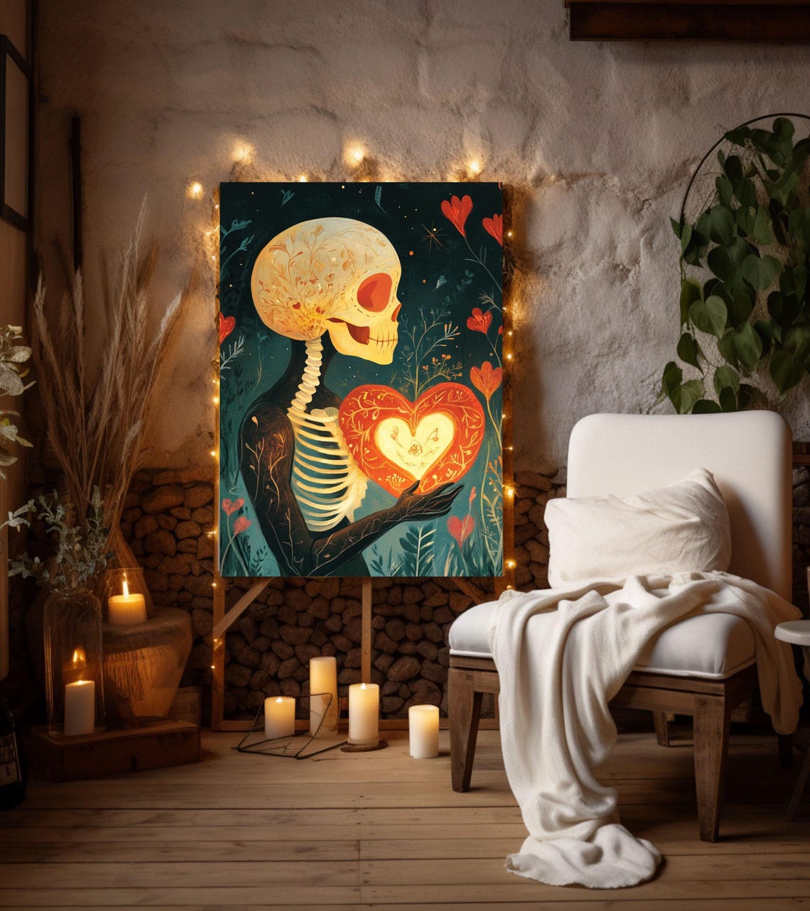 Skeleton Holding Glowing Heart Folk Art Dark Teal Love Poster