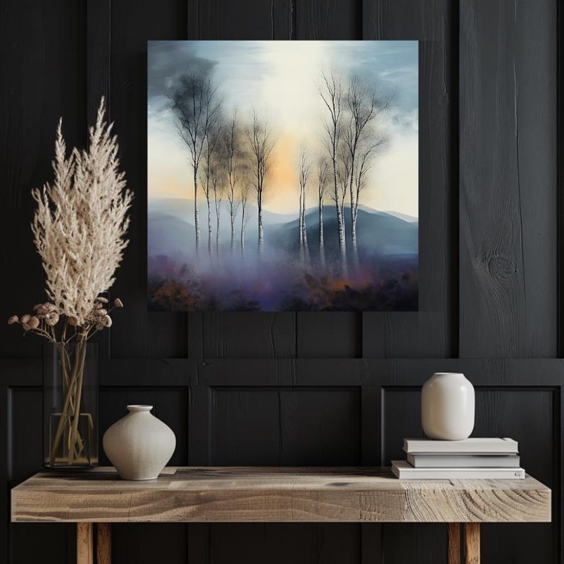 Misty Birch Forest at Sunrise Pastel Serene Nature Trees Art Poster - Image 3