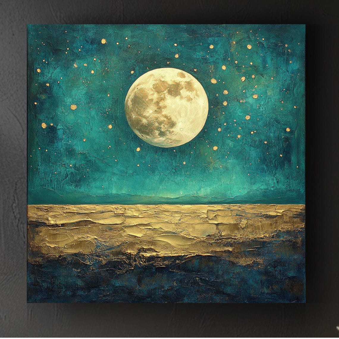 Golden Full Moon Rising Over Teal Sea Abstract Ocean Night Art Poster
