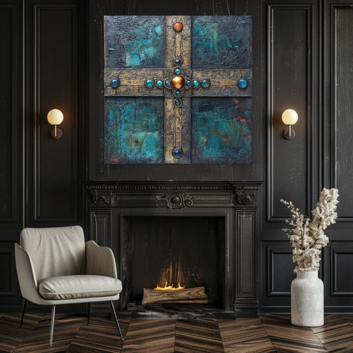 Medieval Gemstone Cross With Turquoise And Amber Stones Poster - Image 2