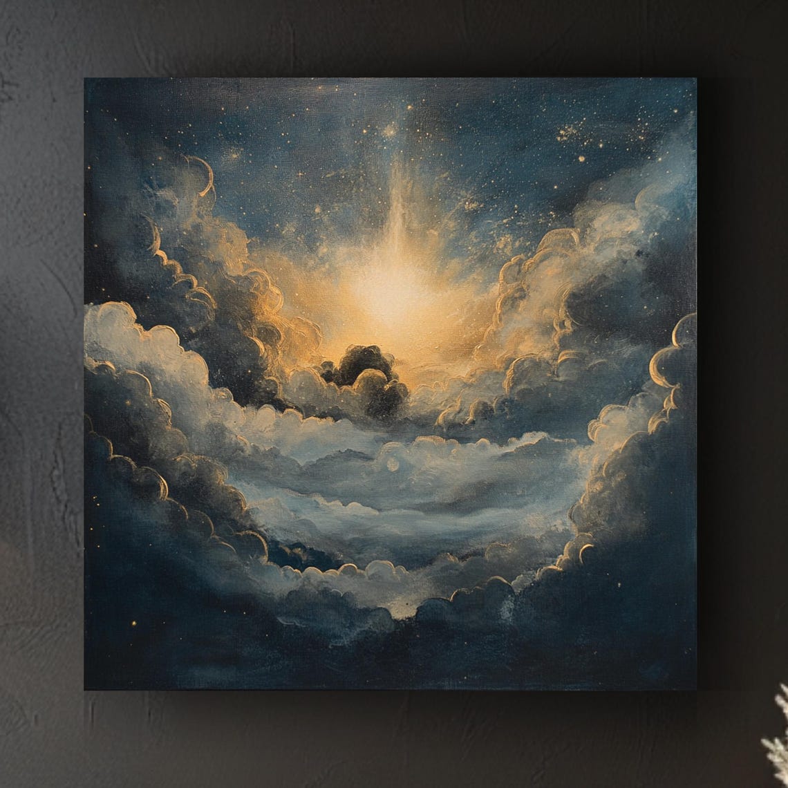 Heavenly Sunbeam Breaking Through Dark Starry Clouds Sky Art Poster