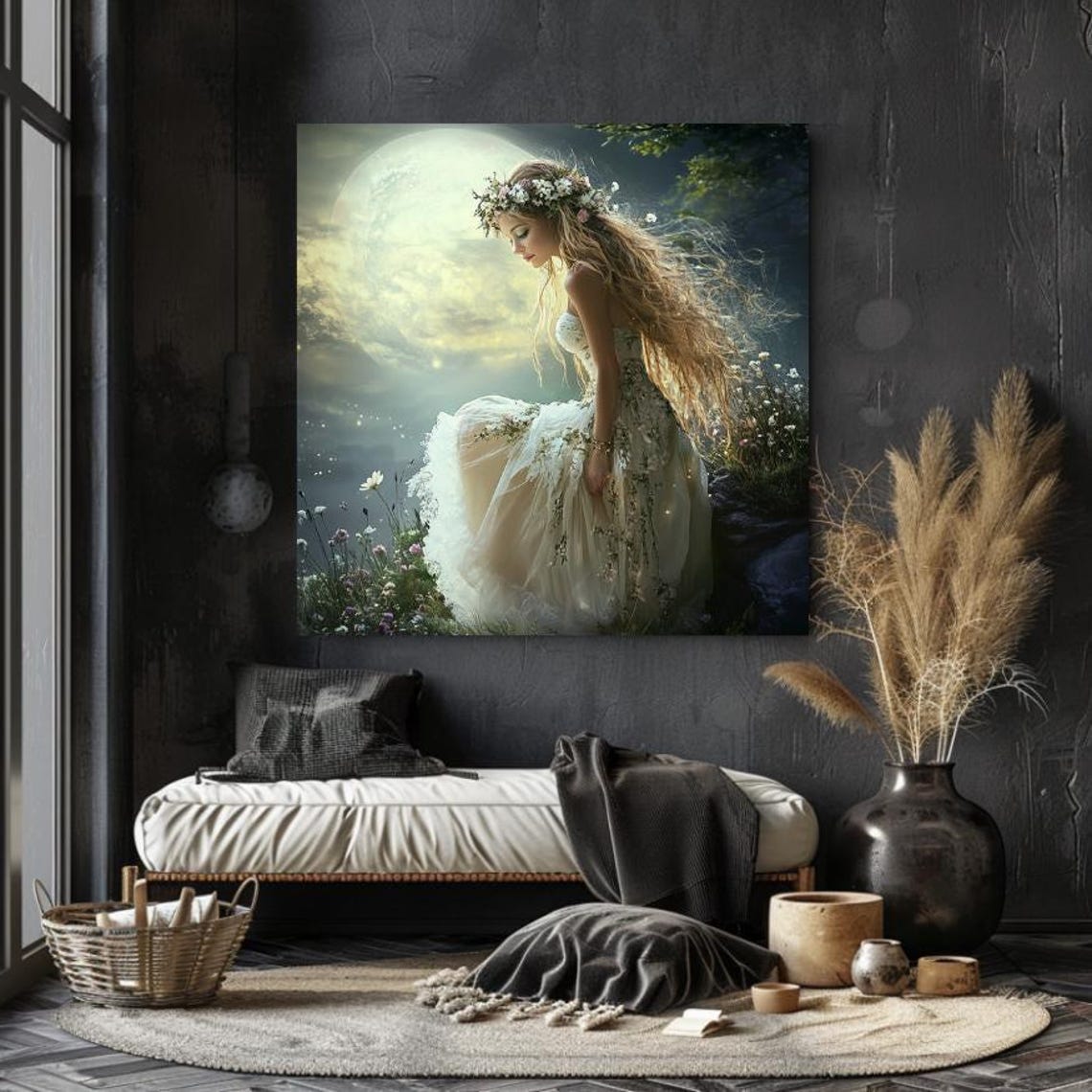 Ethereal Moonlit Goddess with Flower Crown Beneath Full Moon Poster - Image 4