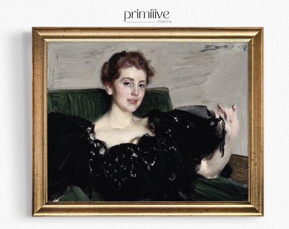 Lady in Black Evening Gown Vintage Portrait Oil Painting Poster