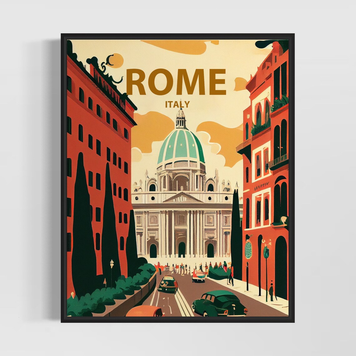 Rome Italy St Peters Basilica Vintage Street Scene Travel Poster