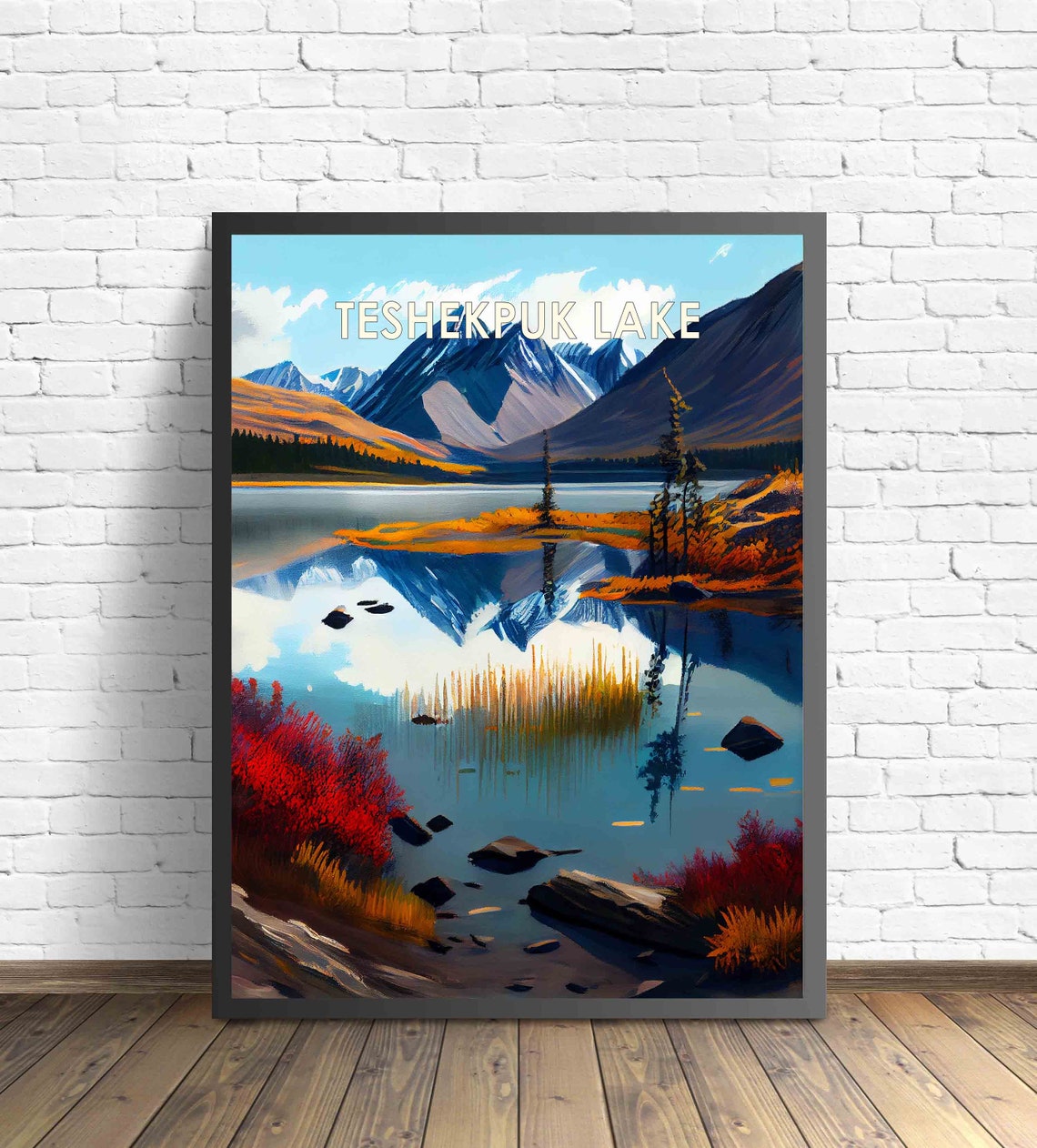 Teshekpuk Lake Alaska Retro Poster with Mountain Reflections in Autumn